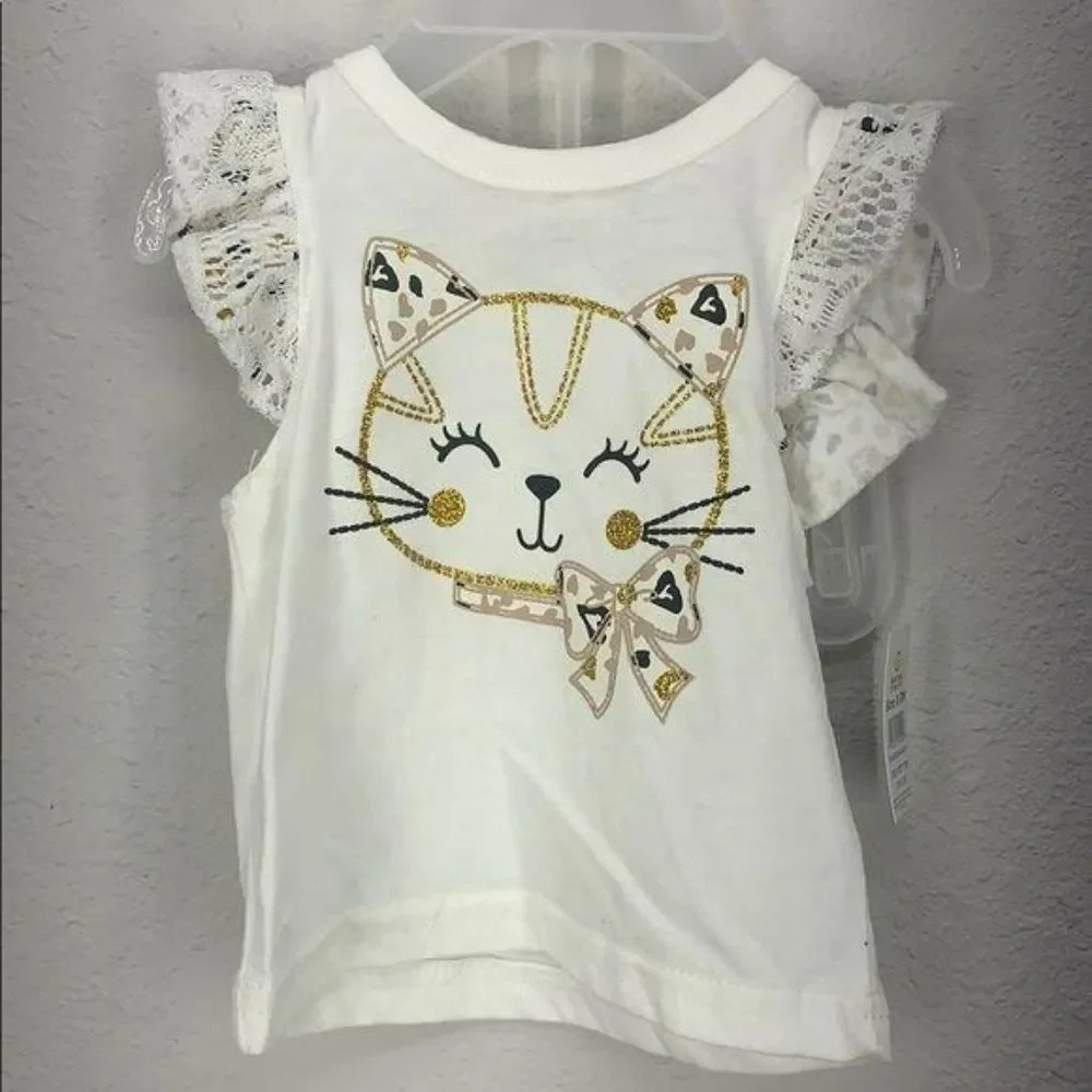 DDG Darling 0-3 Months Cat Ruffled white animal‎ print Two Piece Set